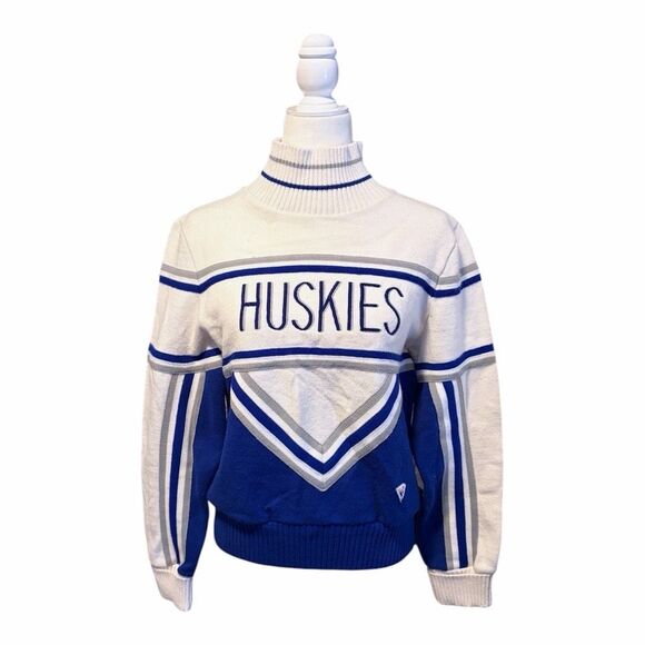 Vintage Varsity Cheerleading Sweater Collegiate Coed HUSKIES Blue White - Picture 2 of 6